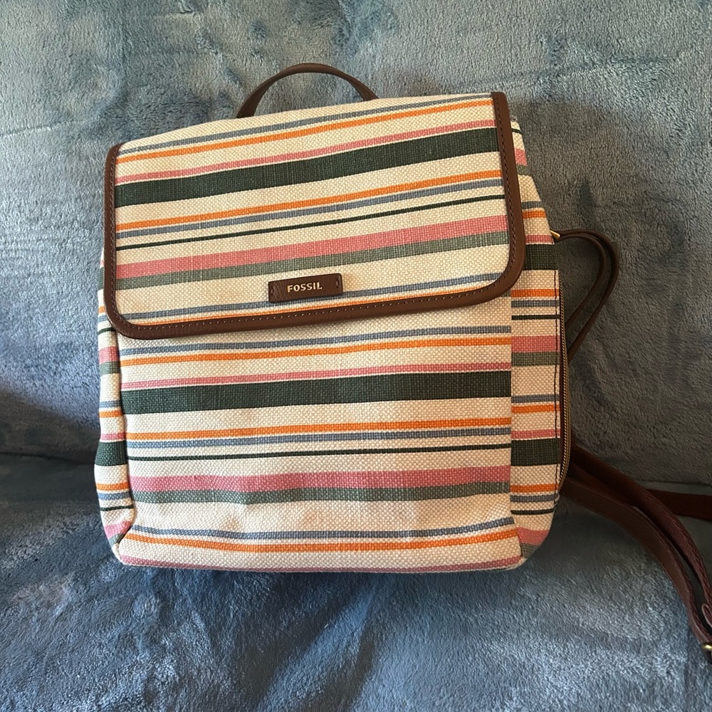 Fossil Striped Canvas Backpack in Cream, Green, Pink, Orange
